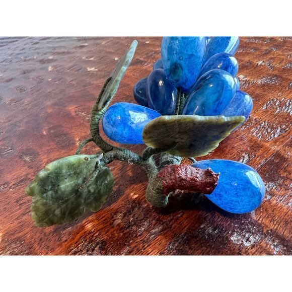 Vintage Blue Alabaster Marble Grapes Bunch Rare Carved Italy Green Stone Leaves - Picture 5 of 13